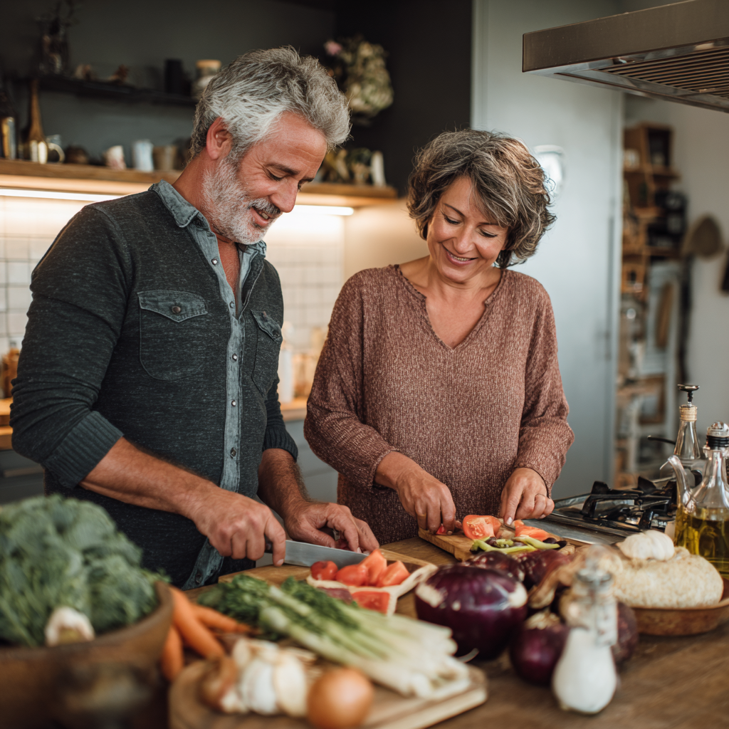 Mature couple in their fifties preparing healthy nutritious meal together in modern kitchen