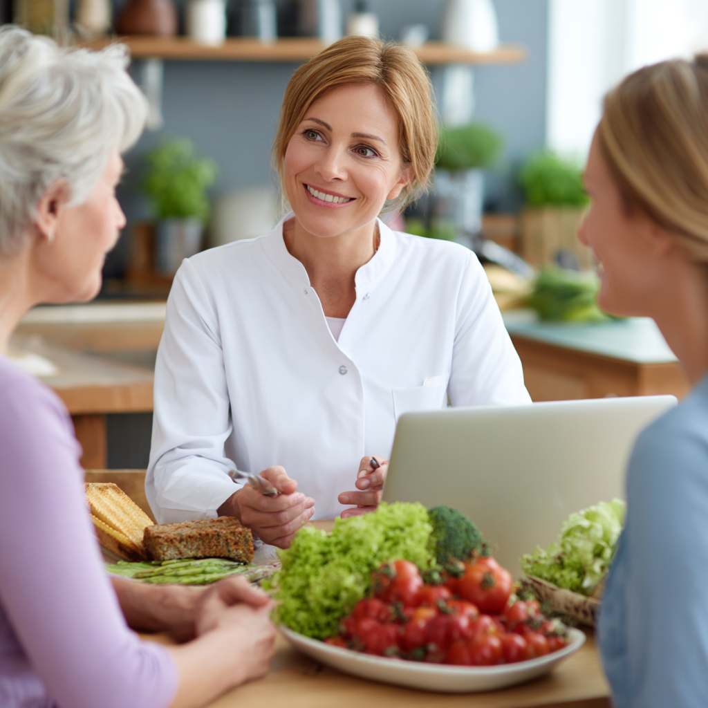 Middle-aged nutritionist consulting with mature adult clients about healthy meal planning